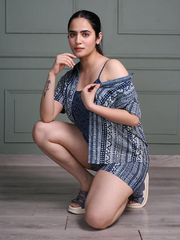 Indigo Tribal Print Co-ord Set – Shirt, Camisole & Shorts