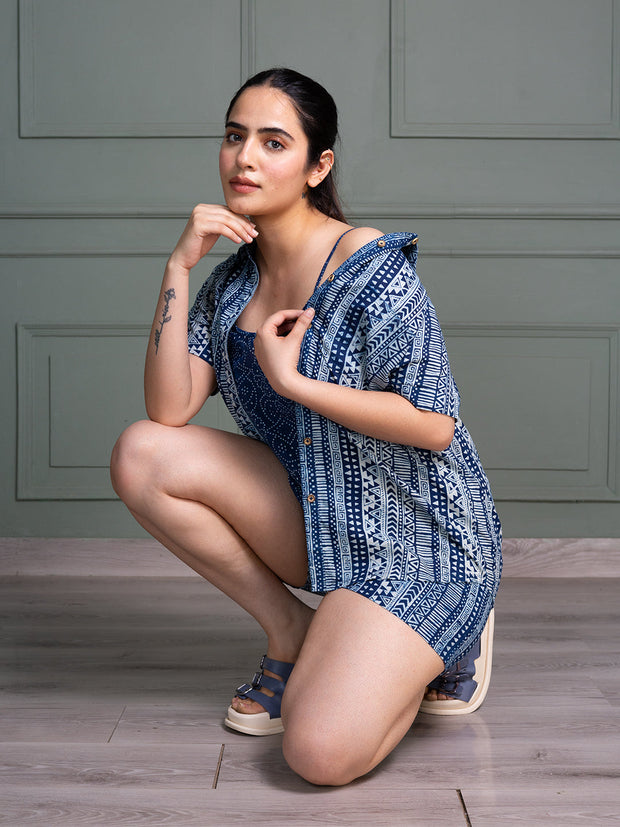 Indigo Tribal Print Co-ord Set – Shirt, Camisole & Shorts