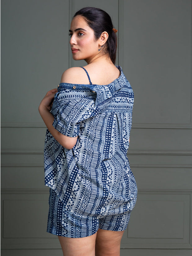Indigo Tribal Print Co-ord Set – Shirt, Camisole & Shorts