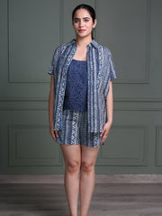 Indigo Tribal Print Co-ord Set – Shirt, Camisole & Shorts