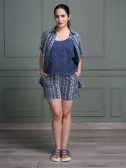 Indigo Tribal Print Co-ord Set – Shirt, Camisole & Shorts