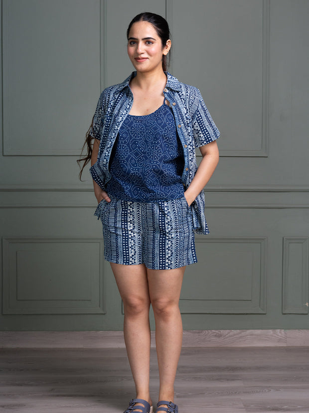 Indigo Tribal Print Co-ord Set – Shirt, Camisole & Shorts