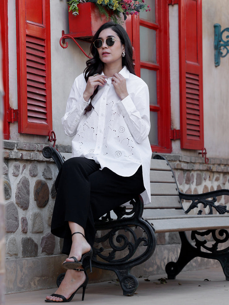 White Embroideried High Low Shirt