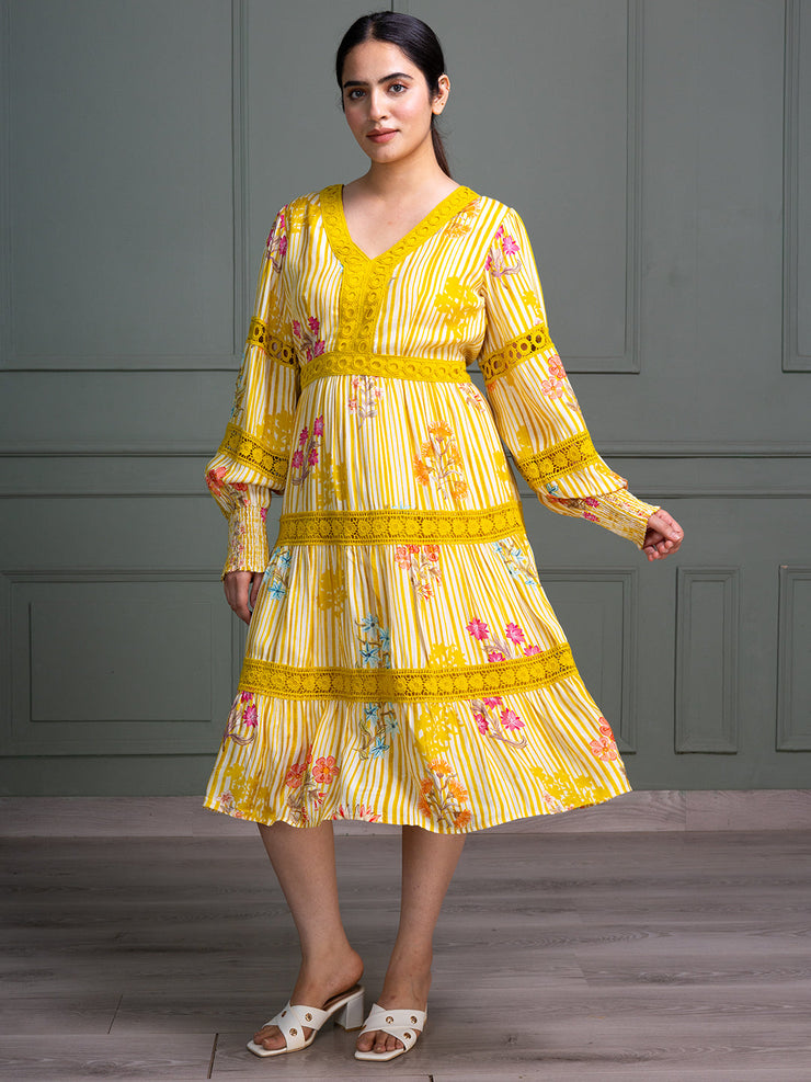 V-Neck Tiered Dress with Full Puff Sleeves and Floral Stripe Print Pattern