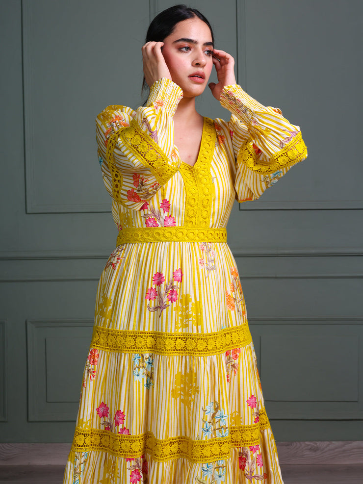 V-Neck Tiered Dress with Full Puff Sleeves and Floral Stripe Print Pattern