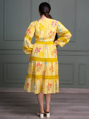 V-Neck Tiered Dress with Full Puff Sleeves and Floral Stripe Print Pattern