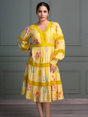 V-Neck Tiered Dress with Full Puff Sleeves and Floral Stripe Print Pattern