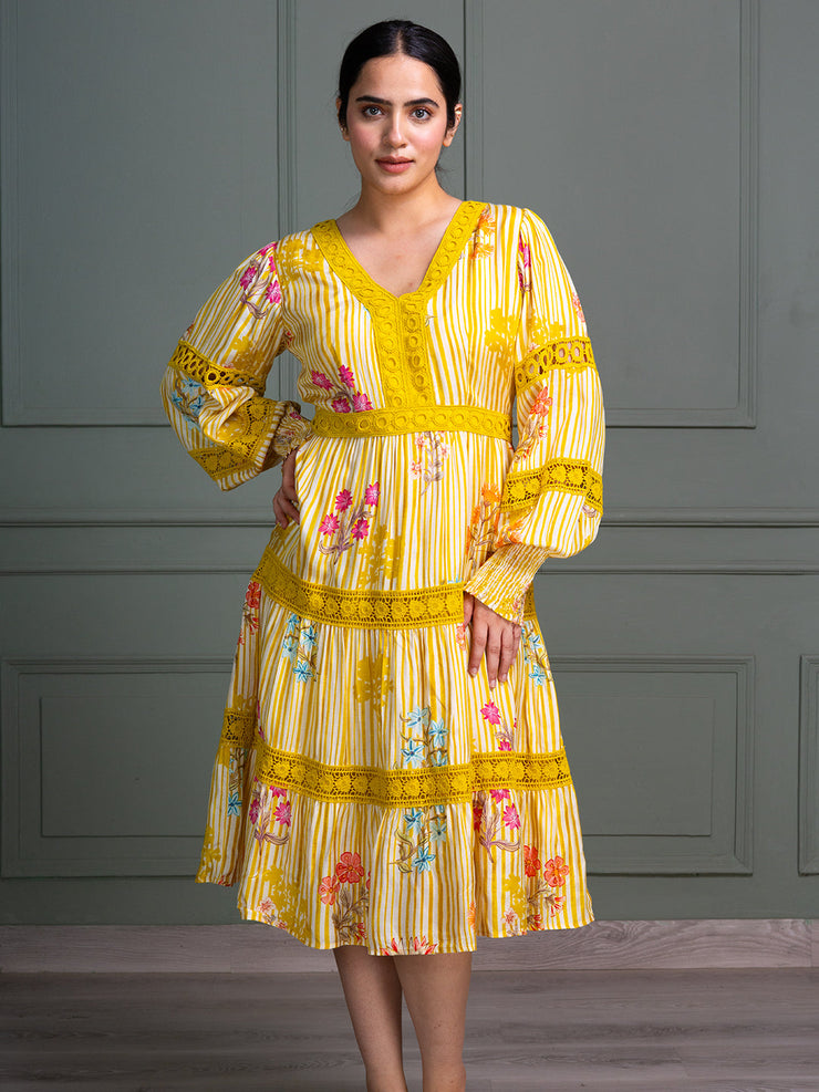 V-Neck Tiered Dress with Full Puff Sleeves and Floral Stripe Print Pattern