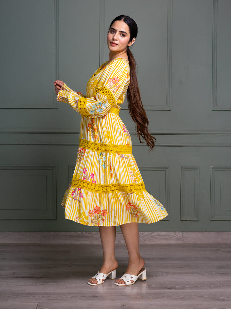 V-Neck Tiered Dress with Full Puff Sleeves and Floral Stripe Print Pattern