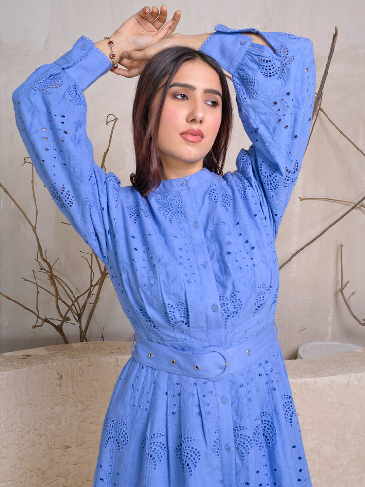 Mandarin Neck Eyelet Embroidered Dress with Belted Waist