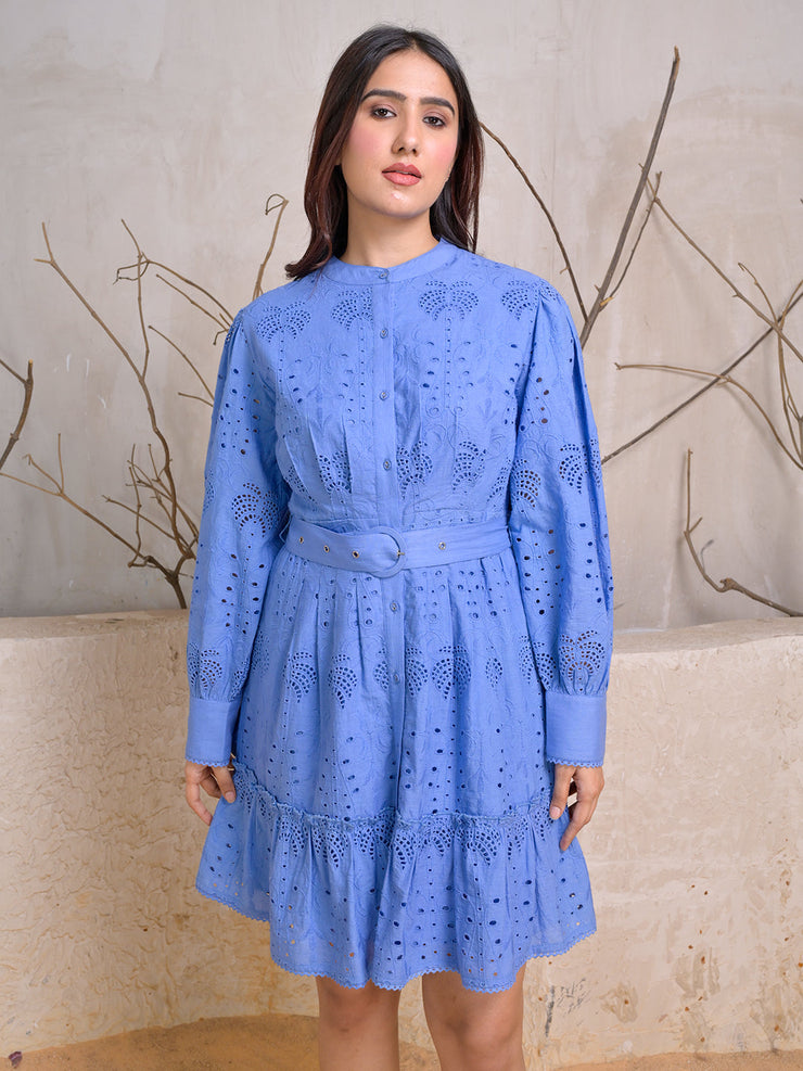 Mandarin Neck Eyelet Embroidered Dress with Belted Waist