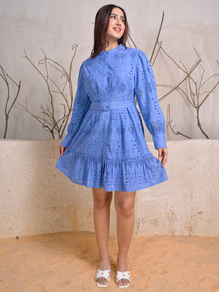 Mandarin Neck Eyelet Embroidered Dress with Belted Waist