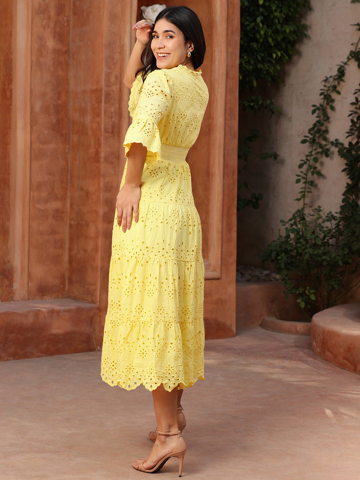 Yellow Schiffli Smocked Waist Maxi Dress