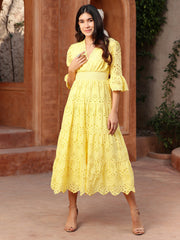Yellow Schiffli Smocked Waist Maxi Dress