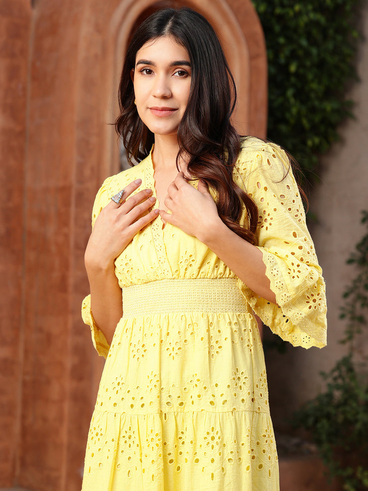 Yellow Schiffli Smocked Waist Maxi Dress