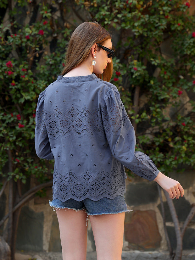 Blue Scalloped Embroideried Schiffli Cotton Top