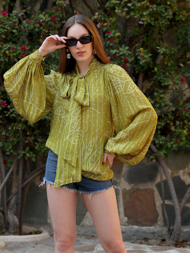 Green Tie Neck Long Sleeve Top