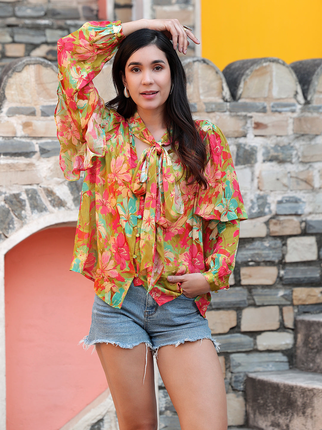 Multi Floral Print Tie-Up Neck Chiffon Top