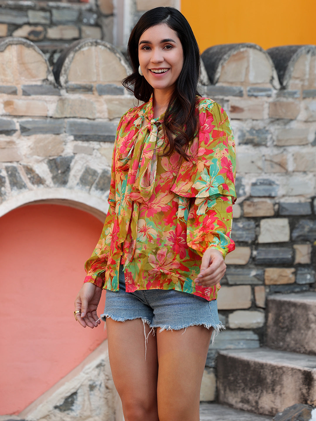 Multi Floral Print Tie-Up Neck Chiffon Top