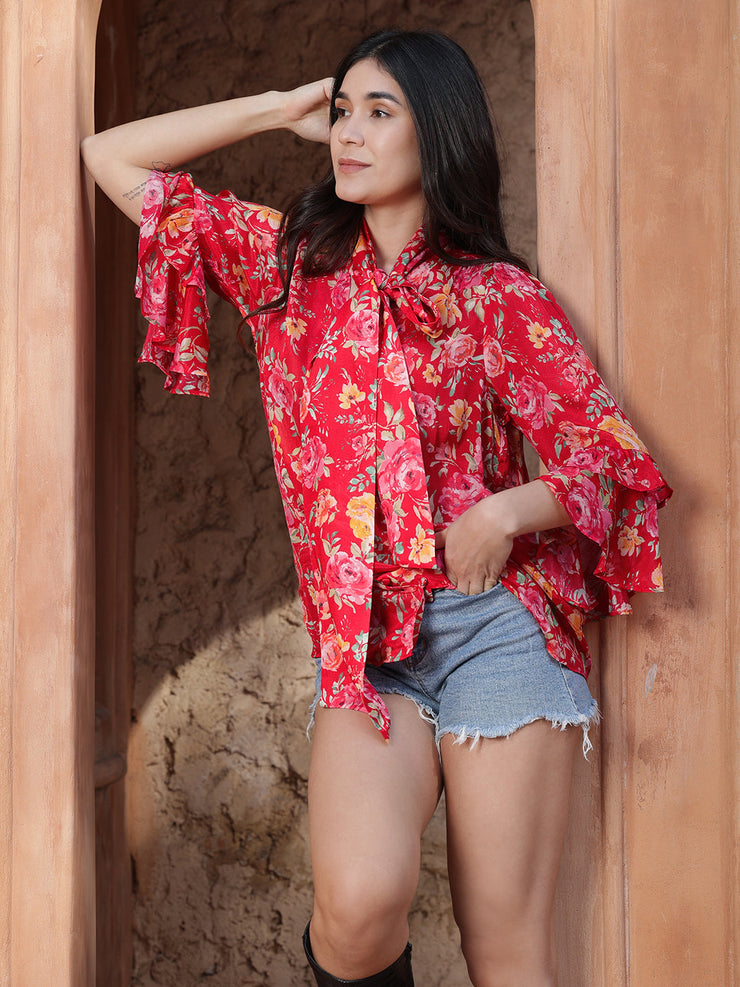 Red Bell Sleeve Tie Knot Top