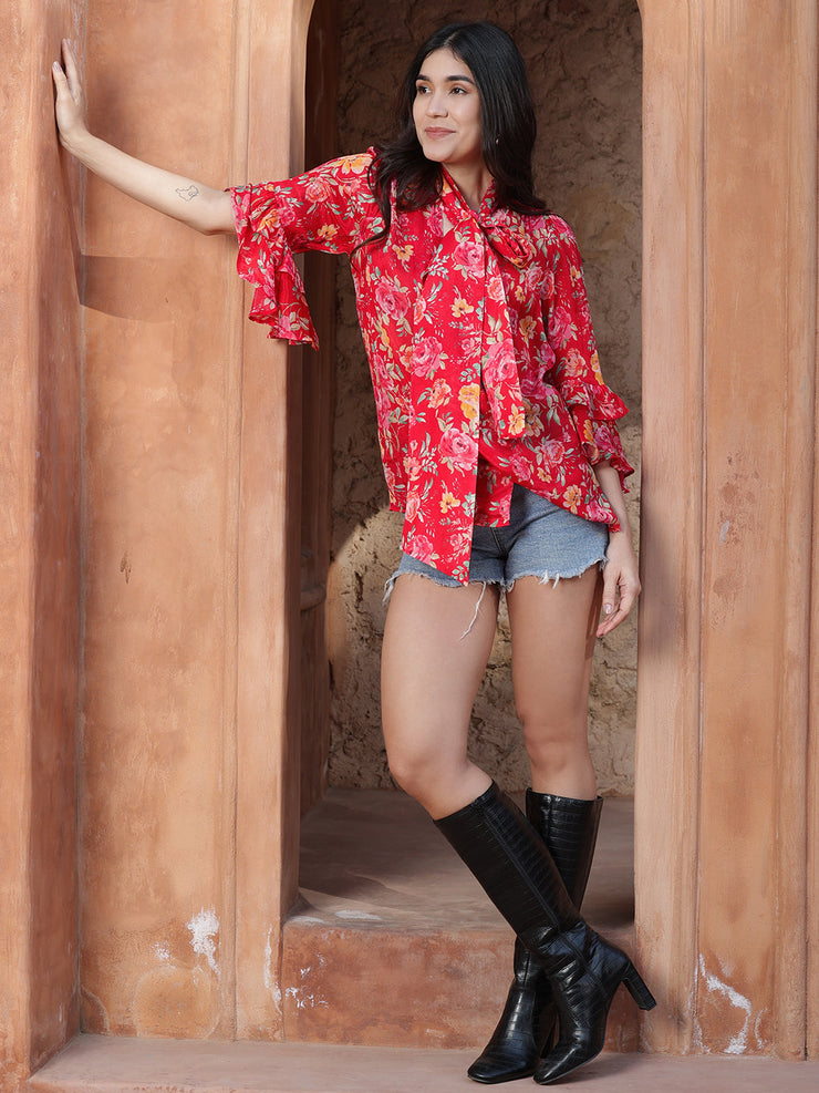 Red Bell Sleeve Tie Knot Top