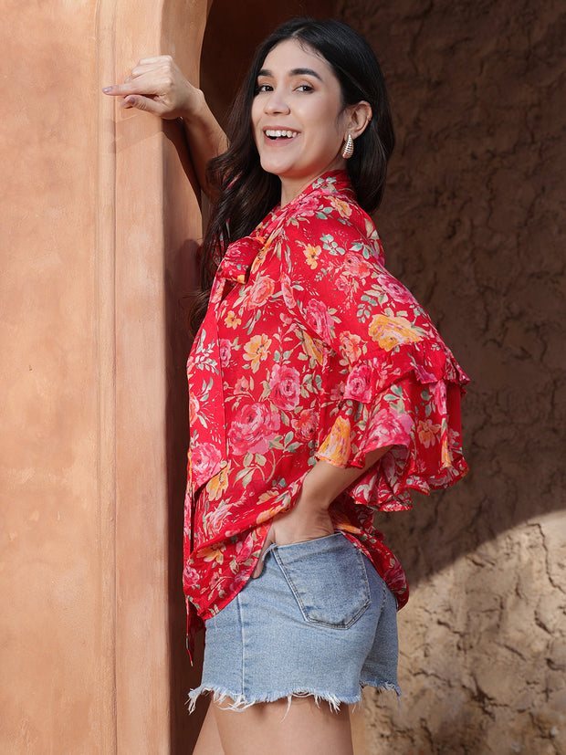 Red Bell Sleeve Tie Knot Top