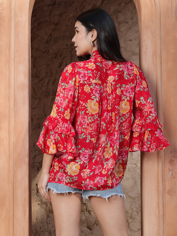 Red Bell Sleeve Tie Knot Top