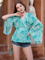 Turquoise Wrap Flared Sleeve Top