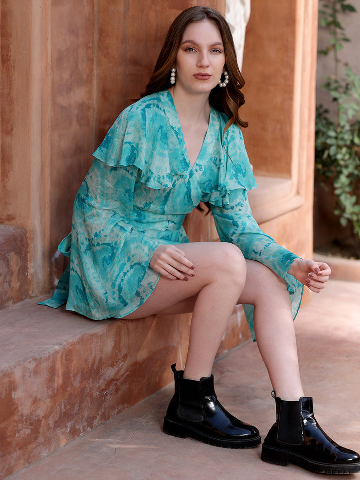 Turquoise Wrap Flared Sleeve Top