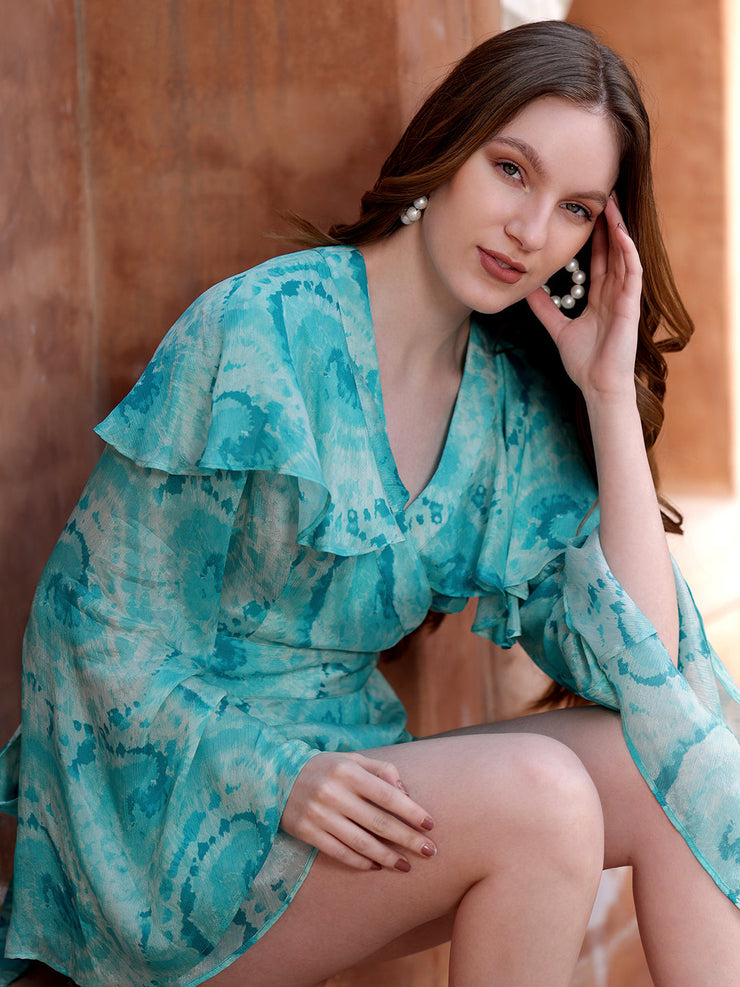 Turquoise Wrap Flared Sleeve Top