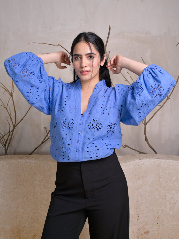V-Neck Eyelet Embroidered Top with Full Puff Sleeves