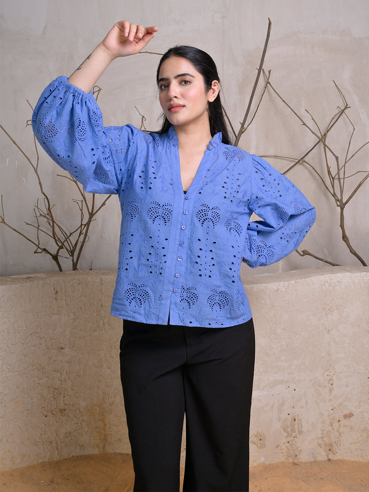 V-Neck Eyelet Embroidered Top with Full Puff Sleeves
