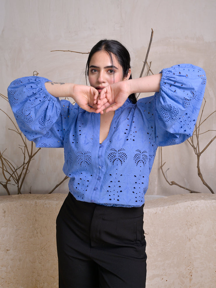 V-Neck Eyelet Embroidered Top with Full Puff Sleeves