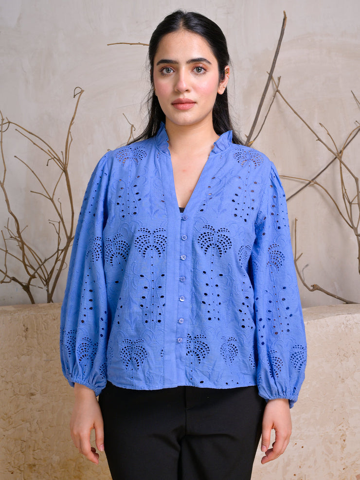 V-Neck Eyelet Embroidered Top with Full Puff Sleeves