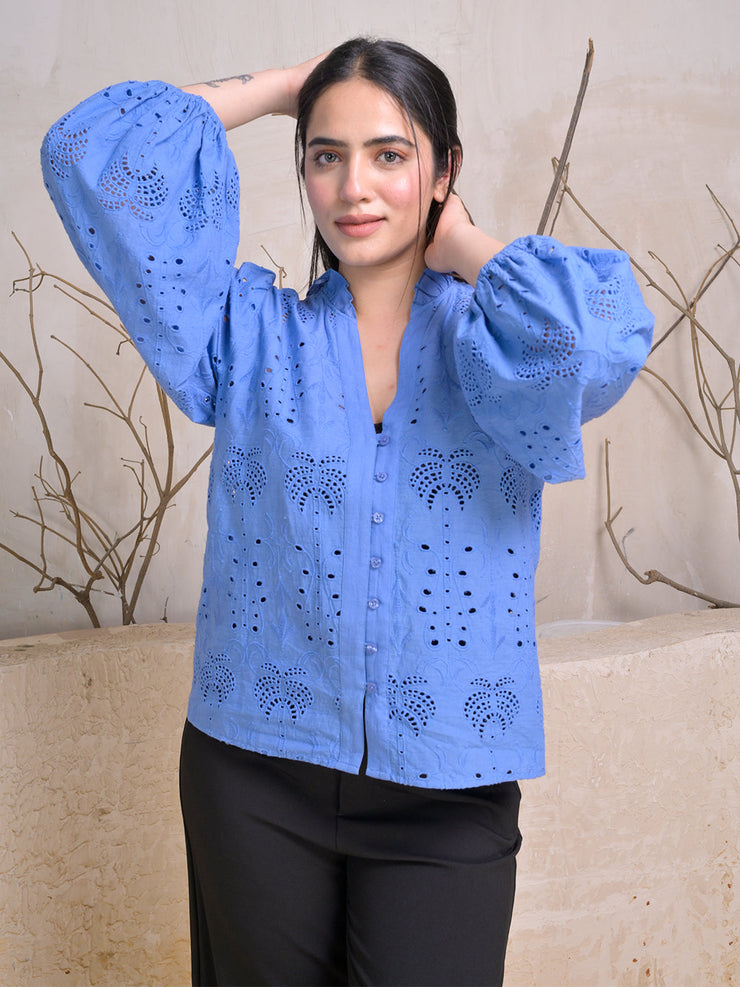 V-Neck Eyelet Embroidered Top with Full Puff Sleeves