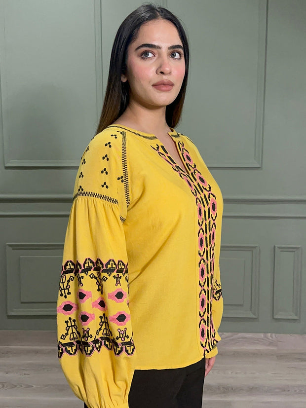 Yellow Boho Embroidered Cotton Tunic with Full Sleeves