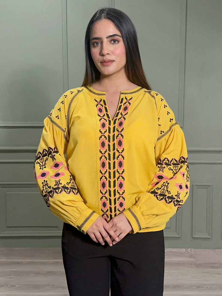 Yellow Boho Embroidered Cotton Tunic with Full Sleeves