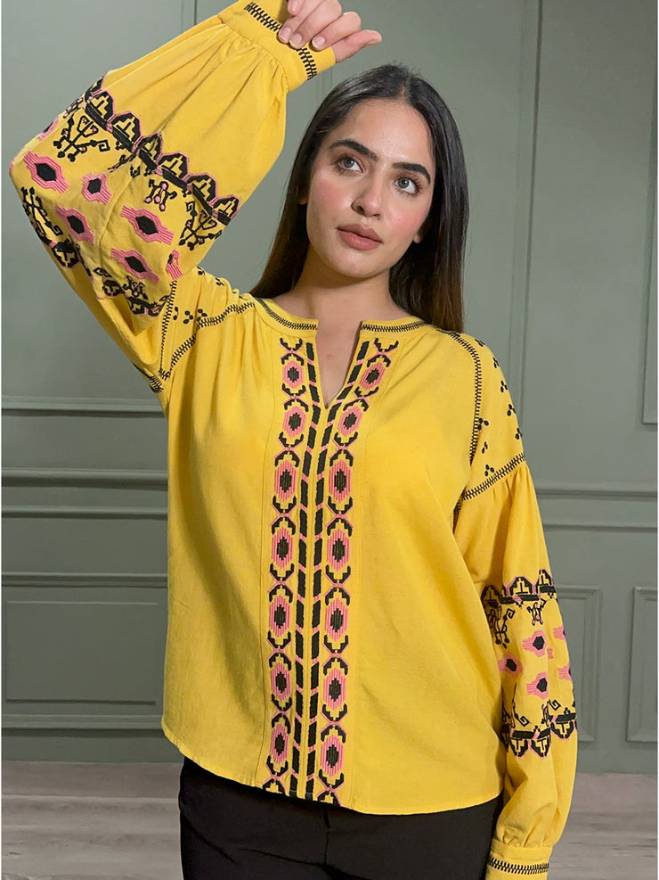 Yellow Boho Embroidered Cotton Tunic with Full Sleeves