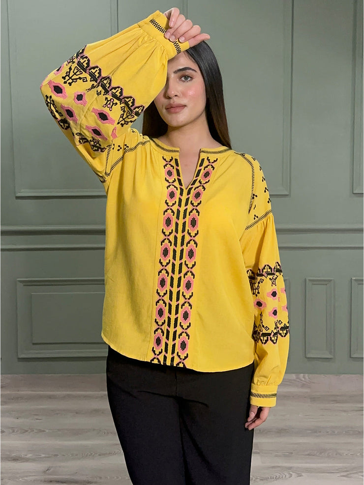 Yellow Boho Embroidered Cotton Tunic with Full Sleeves