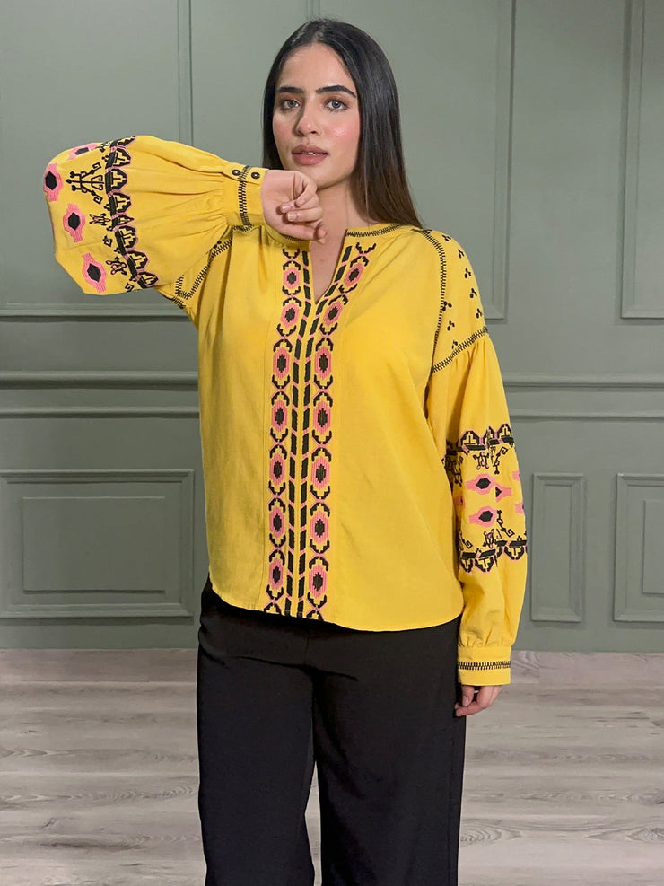 Yellow Boho Embroidered Cotton Tunic with Full Sleeves