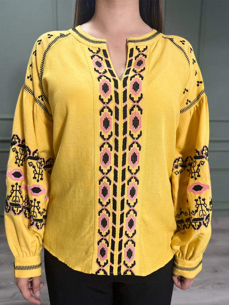 Yellow Boho Embroidered Cotton Tunic with Full Sleeves