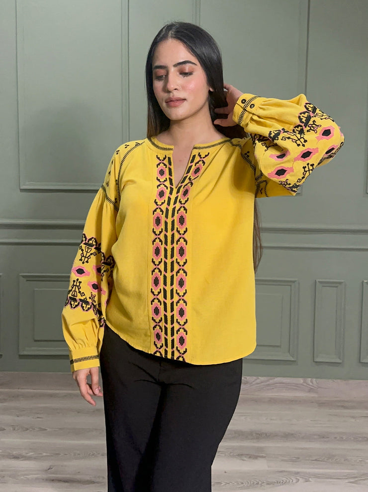 Yellow Boho Embroidered Cotton Tunic with Full Sleeves