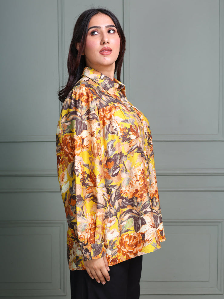 Shirt Collar Top with Full Sleeves and Bold Floral Print Pattern