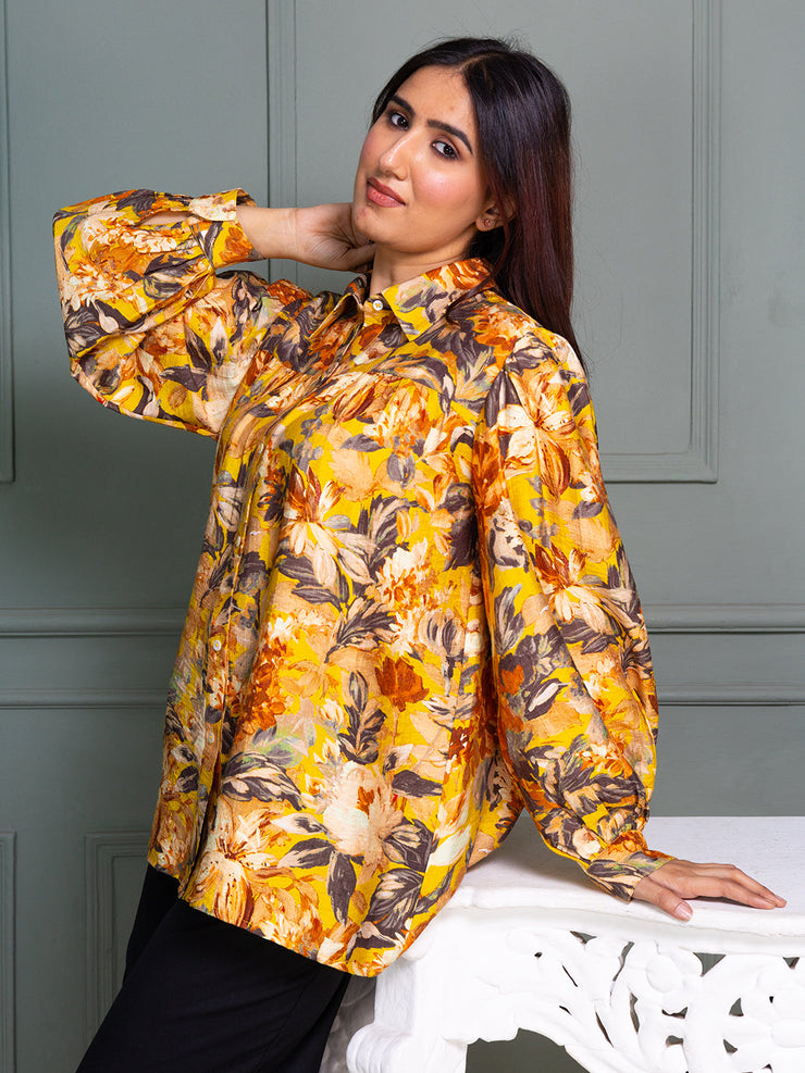 Shirt Collar Top with Full Sleeves and Bold Floral Print Pattern