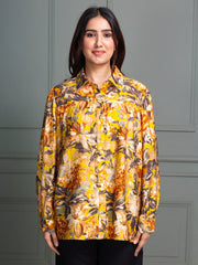 Shirt Collar Top with Full Sleeves and Bold Floral Print Pattern