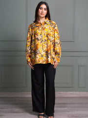 Shirt Collar Top with Full Sleeves and Bold Floral Print Pattern