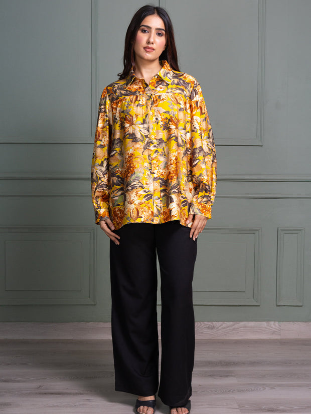 Shirt Collar Top with Full Sleeves and Bold Floral Print Pattern