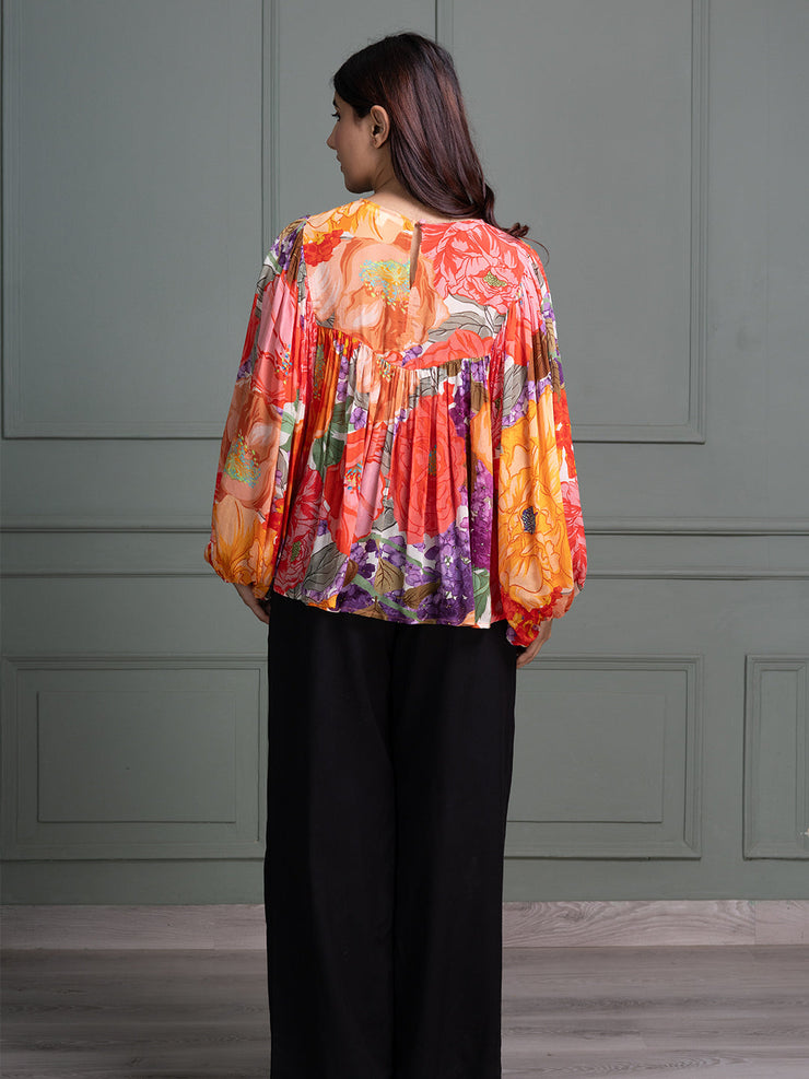 Round Neck Top with Full Sleeves and Abstract Floral Print Pattern