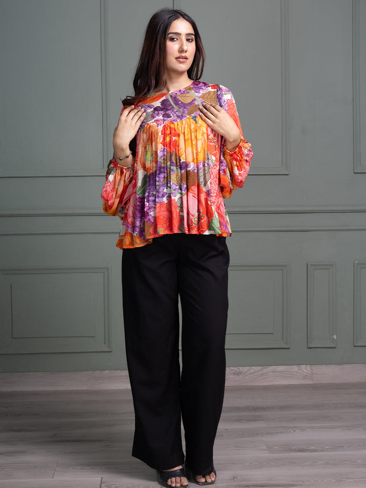 Round Neck Top with Full Sleeves and Abstract Floral Print Pattern