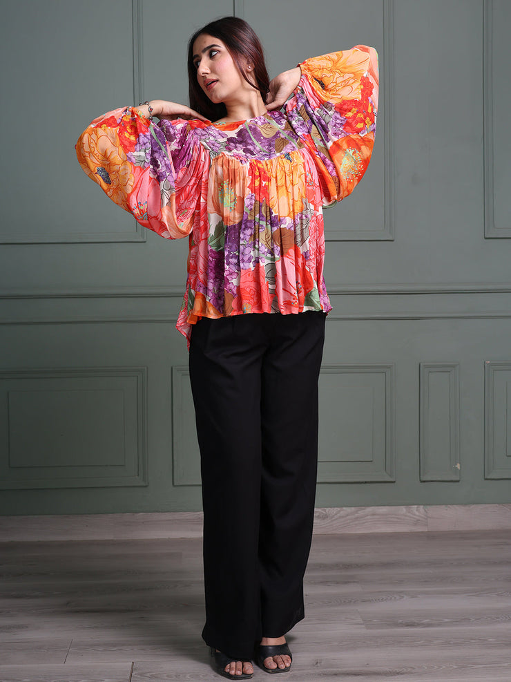 Round Neck Top with Full Sleeves and Abstract Floral Print Pattern